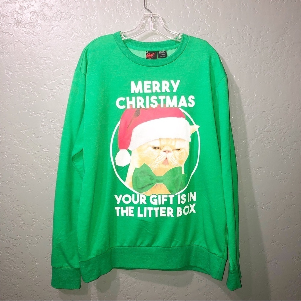 Mad Engine  Crazy Cat lady  “humor XMas Cat” Kelly green sweat shirt LRG 42/44